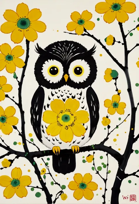 ink painting，blooming，dripping，。a cute little owl，fat，hairy，yellow flowers,  inspired by wu guanzhong, inspired by qi baishi, in...