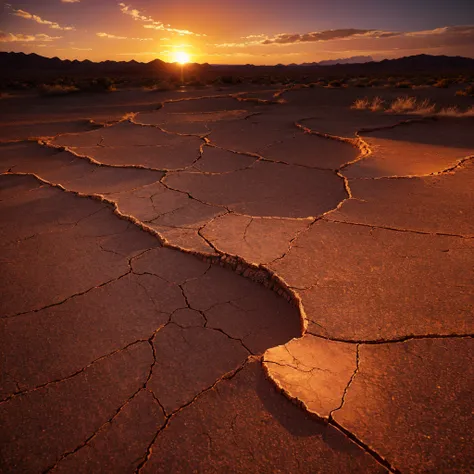 Dramatic sunset over cracked earth. Desert landscape background.
