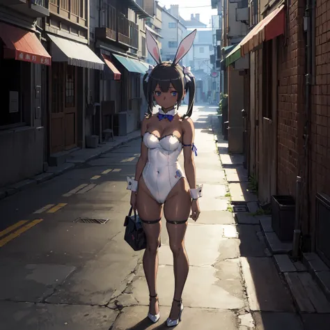 misakiao, 1girl, masterpiece, highly detailed, absurdres, illustration, game cg, solo, hair ribbon, looking at viewer, blush, city street, (bunny), bunny ears, strapless leotard, detached collar, pantyhose, high heels, standing, ((((dark skin))))