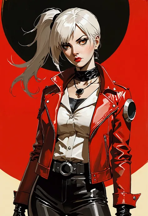 masterpiece, (best quality:1.2),(Ashley Wood Style:1.2),(Nick Vicesi Style:0.6), (Clear focus:1.2),Mature female,White hair,Ponytail, Red Gothic Leather Jacket, Black necklace, stocking, Death Stare, Solar eclipse background, Simple golden background