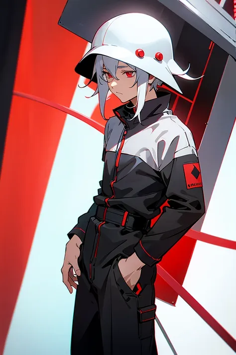 male, young adult, white hair, red eyes, black and gray jumpsuit, sos logo, helmet.