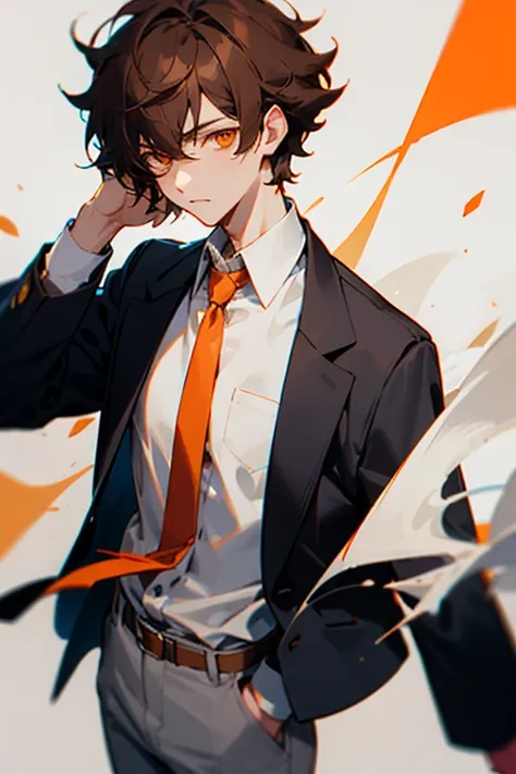  Brown hair, short messy hair, orange eyes. His  consists of a white button-down shirt, gray pants, and a red tie. He always wears a black jacket.