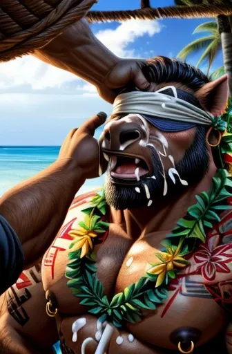 Super muscular adult boar beastman,(Wear Hawaiian traditional clothing:1.7),Open your mouth and stick out your tongue,(Surrounded by erect men:1.2),(a large amount of semen on the face and body,:2.0),Southern Island,(Anal Sex:1.5),Brown fur,Black hair and ...