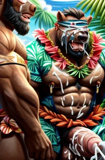 Super muscular adult boar beastman,(Wear Hawaiian traditional clothing:1.7),Open your mouth and stick out your tongue,(Surrounded by erect men:1.2),(a large amount of semen on the face and body,:2.0),Southern Island,(Anal Sex:1.5),Brown fur,Black hair and ...