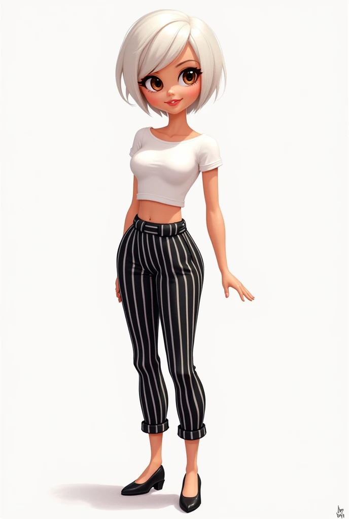 Cartoon Barbie with short white hair and brown eyes dressed in black and white striped pants and a white short-sleeved blouse