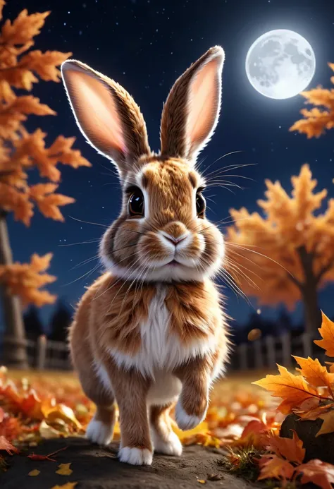 a cute buck-spotted rabbit jumping in a moonlit autumn night, anime style, low angle view, moon visible in the sky, extremely detailed rabbit fur, professional lighting, professional camera, beautiful detailed eyes, beautiful detailed nose, beautiful detai...