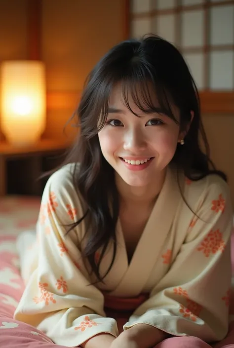 A very cute face like an idol、like々A 20-year-old woman with a cute face、Gentle and cute、A kind smile、(((Japanese Yukata)))、(night)、(((Lying down on a futon in a Japanese-style room at a Japanese inn)))、((Cleavage、I can see your thighs))、((Full body portrai...