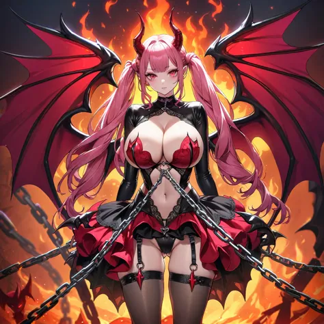 a horned demoness wearing an succubus dress is tied down with chains, demon tails, her wings tied behind her back, pink long hair, red eyes, expressionless, long twintails cut, looking at viewer, fire in background, chromatic aberration, demon horns, succu...