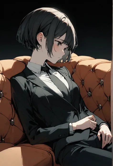 slender,a young girl,pixie cut,black hair,suit,sad, Leaning Back on sofa,own roon