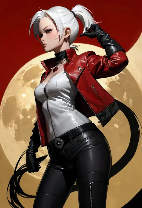 Medium field of view, Medium shot, Depth of Field, Break, Upper Body, Movie Angle, masterpiece, (best quality:1.2),(Ashley Wood Style:1.2),(Nick Vicesi Style:0.6), (Clear focus:1.2),Mature female,White hair,Ponytail, Red Gothic Leather Jacket, Black neckla...