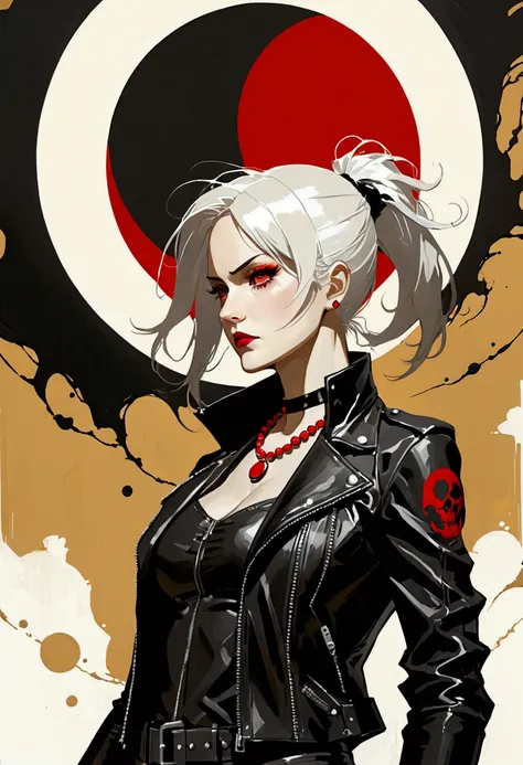 masterpiece, (best quality:1.2),(Ashley Wood Style:1.2),(Nick Vicesi Style:0.6), (Clear focus:1.2),Mature female,White hair,Ponytail, Black Gothic Leather Jacket, Red necklace, stocking, Death Stare, Solar eclipse background, Simple golden background