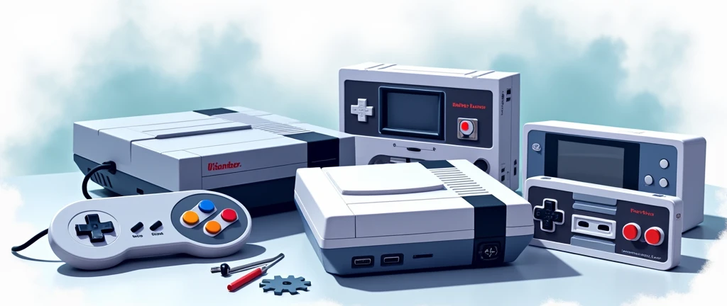 An image promoting console repair adding some small images of video game consoles 