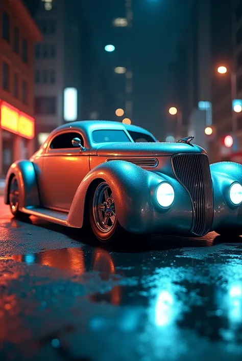 1940 old car, rocket bunny, sleek futuristic design, chrome accents, neon lighting, hovering above the ground, hyper-realistic, 8k, best quality, photorealistic, intricate details, cinematic lighting, dynamic composition, vibrant colors, deep shadows, glow...