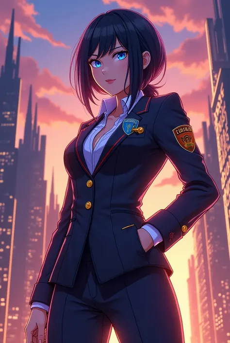 Anime style of Arcane caitlyn kiramman in her enforcer uniform 