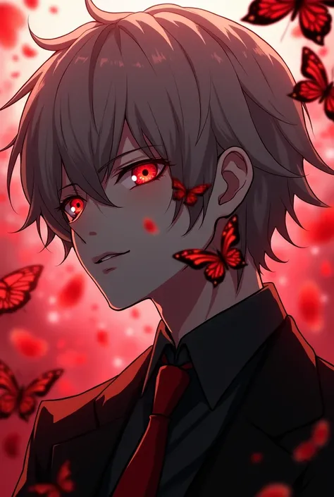 kaneki san serious head from anime tokyo ghoul throwing up blood with red butterflies on his face looking forward in background png

