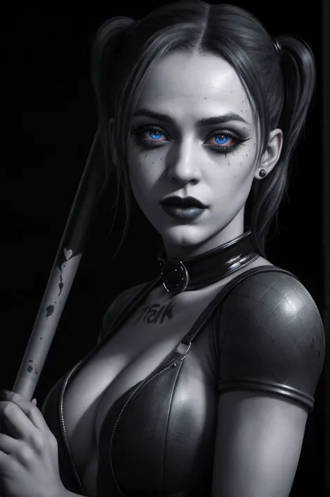 Harley Quinn, beautiful detailed eyes, beautiful detailed lips, extremely detailed face, long eyelashes, black outfit, ultra-sexy, holding baseball bat, explosion in the background, dark gritty atmosphere, cinematic lighting, chiaroscuro lighting, highly s...