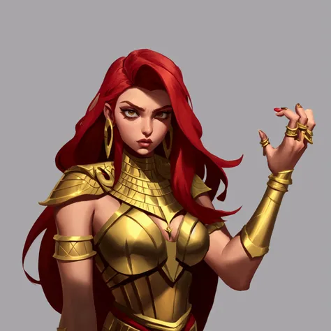 concept art, European and American comics, game character design, young woman, Egyptian costume, red hair, Ring earrings, Arm guard, gray background, Only the upper body is shown, 
