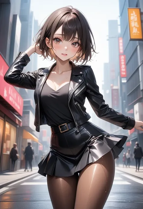 (((In the city))), ((Fashion Model), (((Black Leather Jacket))), (skirt), (pantyhose),)), , ((Shiny Costumes)), skindentation, skinny, solo, 1 woman, Masterpiece, highest quality, highest quality, 16K, incredibly absurd, highly detailed, 2.5D, ai-generated...