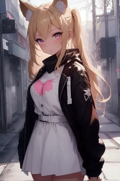 1 girl, hair blonde,  cphi_ears, animal_ears, standing alone, tenebrosa_Skinned, suntanned_Skinned, futuristic neon hazy,  summer jacket, Sakura falling, Estilo Retrato, gazing_phi_viewer, cinemphiic lighting,  eyeliner, make up, emotional,  highy detailed...