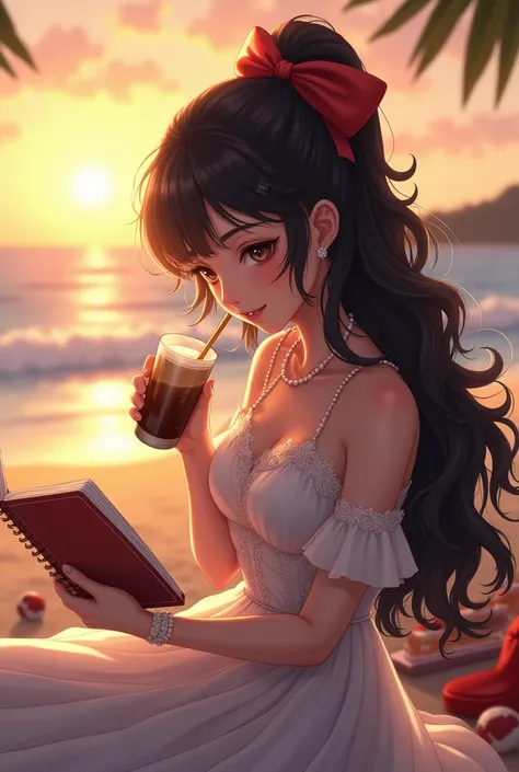 Animated classic Ethereal fierce woman looking at the diary, curly long black hair with red bow clip at middle back, wearing off shoulder, fancy embroidered white long dress with pearl accessories, holding a diary, in a dreamy picnic beach set up with mobi...