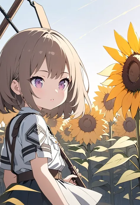 a small girl, messy brown hair, beautiful detailed eyes, beautiful detailed lips, extremely detailed face and features, wearing an old German military helmet and uniform, holding a detailed rifle, standing in a sunflower field, looking at a tall signpost a...