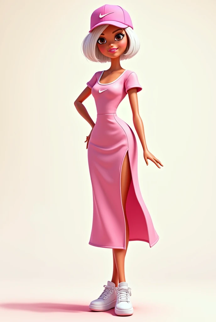 Cartoon Barbie with short white hair and brown eyes wearing a pale pink calf-length dress with a slit on one side of the leg ,On the side of the chest the Nike logo,,with short sleeves,with pink nike cap , WHITE TENNIS,White skin