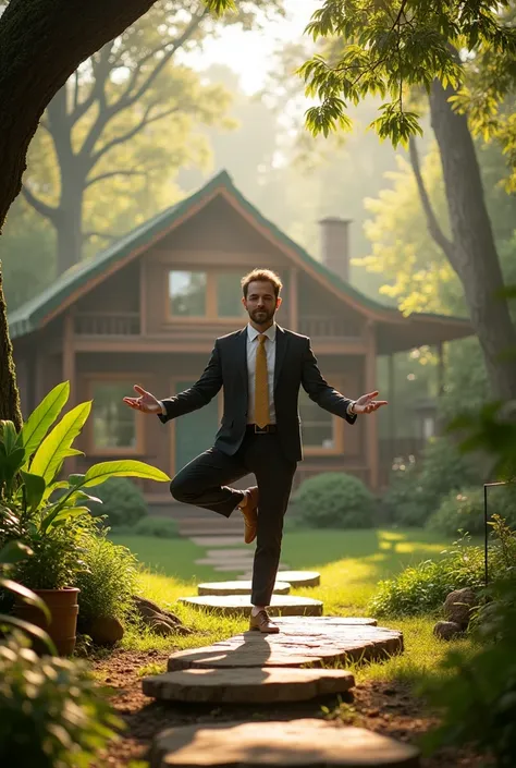 Create me a visual image wallpaper where I am also a male lawyer ,living a satvic lifestyle, eating stavic food, practicing yoga, in a eco friendly earthly house surrounded by trees and plants, in the morning sunshine 