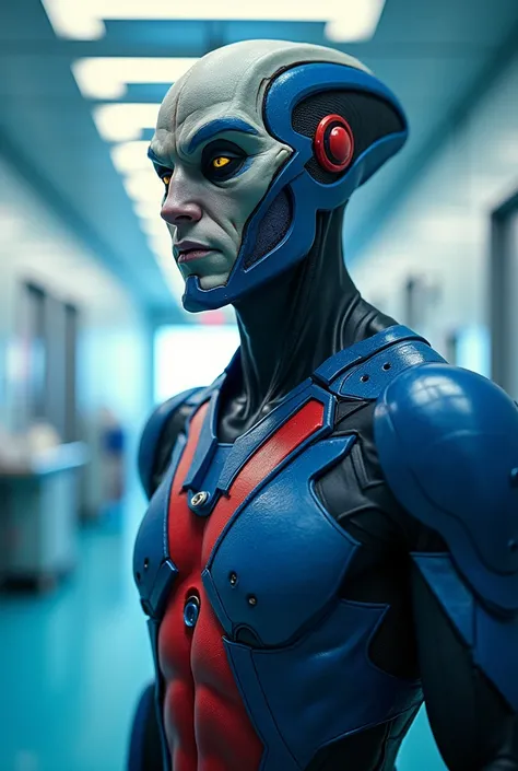 a humanoid alien superhero wearing a blue and red suit, a doctor in a hospital, detailed facial features, medical equipment, clean hospital interior, advanced technology, dramatic lighting, cinematic composition