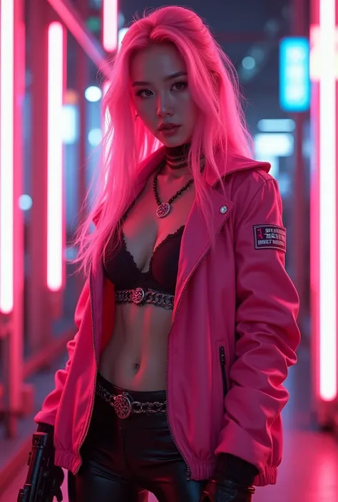 1 cyber punk girl, tech pink jacket, long shapeless, pink hair, best quality, masterpiece, ultra high res, (photorealistic:1.4), xiuxian, weapon, cleavage, (glowing neon lights:1.2) xiuxian, cowboy shot, ((east asian punk architecture))