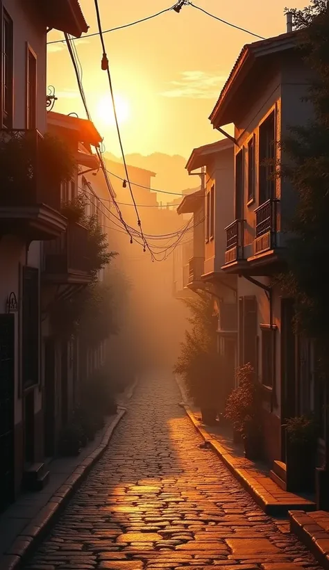 A shot of the town during the golden hour, with soft, warm light bathing the buildings and streets, creating a nostalgic and slightly mysterious atmosphere.8k,vibrant,realistic 