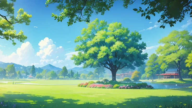 sunny day weather in the park with beautiful blue sky and green grass. japanese illustration style.