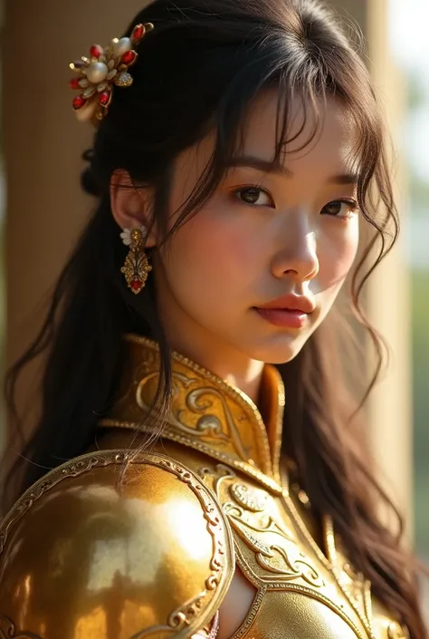 best quality, 8k, very delicate and beautiful, highly detailed face and skin texture, shiny skin, high resolution, beautiful girl in beautiful shining gold armor, full body, sharp focus