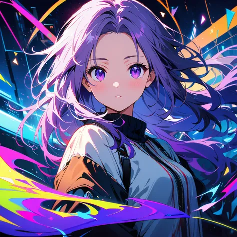 1 girl, Inji, Purple Hair, Purple eyes, Long Hair, Gray Hair, Double Knit, Gradient Hair,Photos that show the beauty of artificial intelligence, Contains striking, vibrant and attractive colors with overlapping symbols and circuits.masterpiece, Top quality...