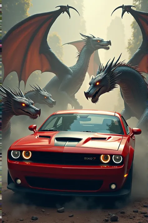 A red challenger surrounded by dragons