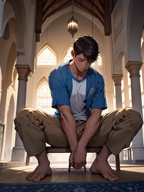 a young man sleeping in a sitting position in a mosque wearing a moeslim shirt