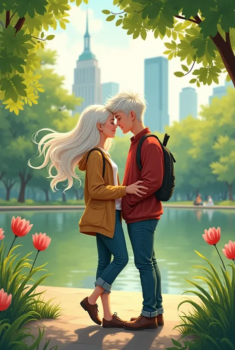 Caucasic couple, white hair girl, half white hair young man, fluid illustration style, date, informal outfit, central park background.