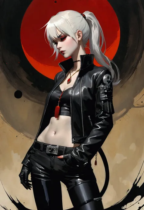 masterpiece, (best quality:1.2),(Ashley Wood Style:1.2),(Nick Vicesi Style:0.6), (Clear focus:1.2),Mature female,White hair,Ponytail, Black Gothic Leather Jacket, Red necklace, stocking, Death Stare, Solar eclipse background, Simple golden background