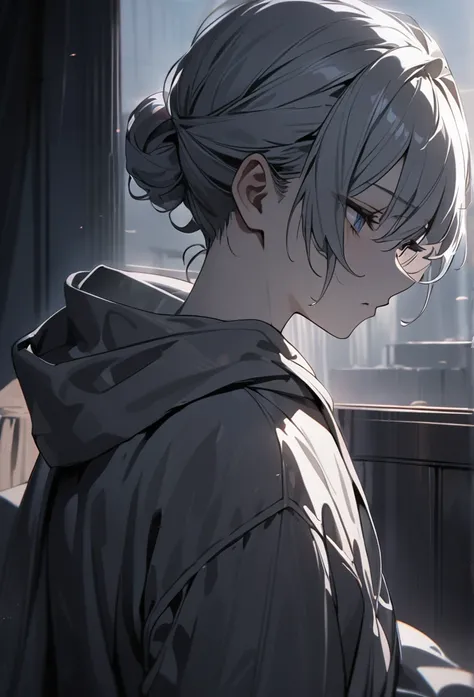 a man with shoulder-length gray hair in a mallow hairstyle, blue tired eyes, pale skin, wearing a grey hoodie, (best quality,4k,8k,highres,masterpiece:1.2),ultra-detailed,1.3,dramatic lighting,cinematic, moody lighting, somber mood