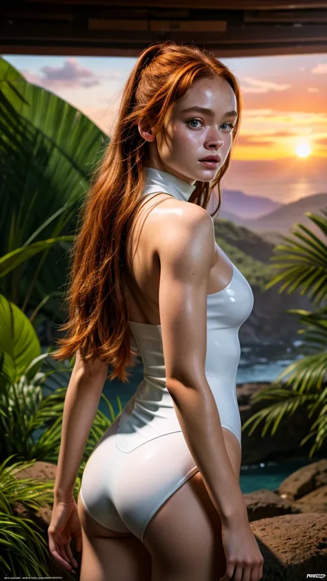 ((front view)), sadie sink as lara croft tomb raider，(wearing a white glossy turtleneck swimsuit:1.3, cameltoe)，(topless:1.5),po...