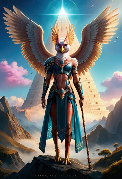 a poster featuring a majestic, human-avian bird, black African genetic features, deity standing holding a futuristic Ankh ☥ shape staff. He has an elaborate feathered wings and regal, high-tech, sci-fi, futuristic armor adorned with intricate patterns. The...