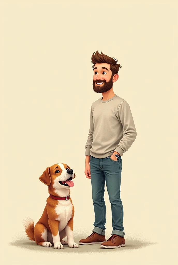 A calm and happy man standing, next to a sitting dog that is happy, with a cheerful background, that it is seen from afar and that it is a drawing