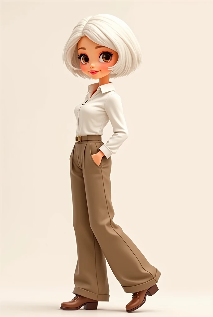 Cartoon style Barbie with short white hair, brown eyes, wearing a white long-sleeved shirt and loose dark beige pants. 