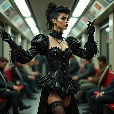 full body shot of a petting non-binary androgynous transvestite crossdressing queer transgender male shemale who is dancing with lifted arms and visible armpits with hair in Berlin subway, clothing with nubs and buffers, corset, apron, vested smock, pleate...