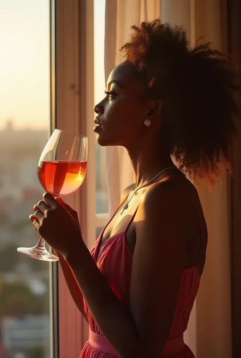 Nigerian beautiful lady sipping wine at the balcony early morning 