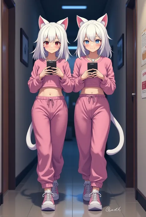 two white cats walk down the hallway dressed in pink, breasts, multiple girls, shirt, navel, holding, 2girls, animal ears, jewelry, white shirt, short sleeves, shoes, midriff, pants, artist name, cat ears, necklace, bracelet, crop top, night, phone, cat, c...