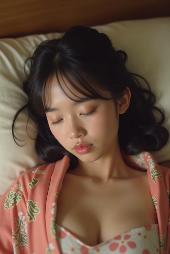 A 20-year-old woman with an idol-like cute face、Gentle and cute、(((Japanese Yukata)))、(night)、((Japanese-style room futon in a Japanese inn))、(((Lying down and fast asleep)))、(((Cleavage and thighs are visible)))、(((Whole body)))、RAW Photos、Genuine、High re...