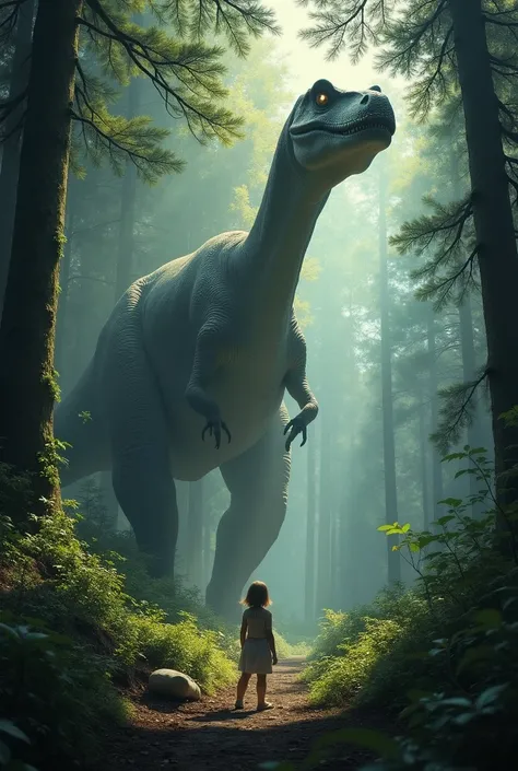 In a deep, ancient forest, where towering trees reach up to the sky and shadows dance among the foliage, a  stands alone, dwarfed by her surroundings. The forest is alive with the presence of massive dinosaurs, their eyes glowing in the dim light. In the m...