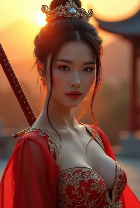 best quality, 8k, very delicate and beautiful, highly detailed face and skin texture, shiny skin, high resolution, beautiful chinese female swordsman wearing chinese traditional costume with sword at chinese temple at sunset, full body, sharp focus