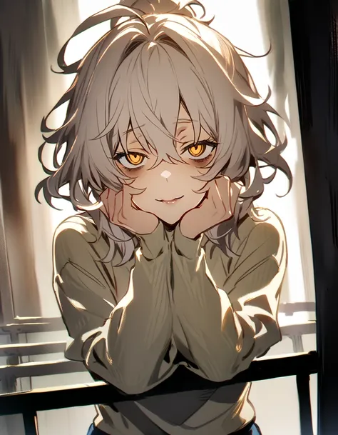 mature, golden eyes, looking at viewer, female, basement background, messy hair, grey shoulder-length hair, ponytail, parted lips, hair between eyes, ahoge, emotionless, tired eyes, standing, jeans, turtleneck shirt, comfy clothes, leaning on railing, band...