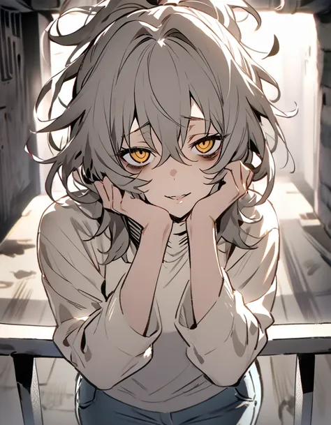 mature, golden eyes, looking at viewer, female, basement background, messy hair, grey shoulder-length hair, ponytail, parted lips, hair between eyes, ahoge, emotionless, tired eyes, standing, jeans, turtleneck shirt, comfy clothes, leaning on railing, band...